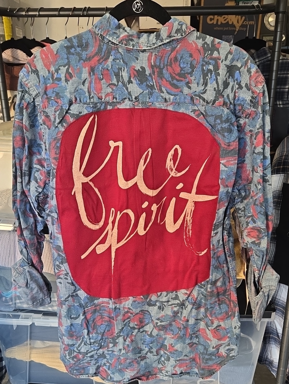 GAP Floral Button-Down Shirt with Red 'Free Spirit' Back Patch